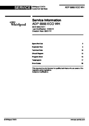 Whirlpool adp 6966 eco wh service manual cover integrated dishwasher showing service information and table of contents with spare parts list, exploded view, circuit diagram, program chart, test program, error codes, and service bulletins.
