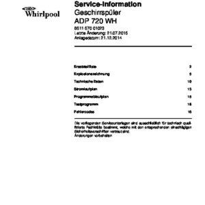 Whirlpool adp 720 wh deutsch service manual cover integrated dishwasher showing service information and table of contents with spare parts list, exploded view, circuit diagram, program chart, test program, error codes, and service bulletins.