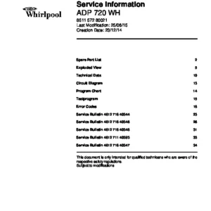 Whirlpool adp 720 wh service manual cover integrated dishwasher showing service information and table of contents with spare parts list, exploded view, circuit diagram, program chart, test program, error codes, and service bulletins.