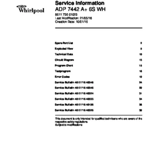 Whirlpool adp 7442 a 6s wh service manual cover integrated dishwasher showing service information and table of contents with spare parts list, exploded view, circuit diagram, program chart, test program, error codes, and service bulletins.