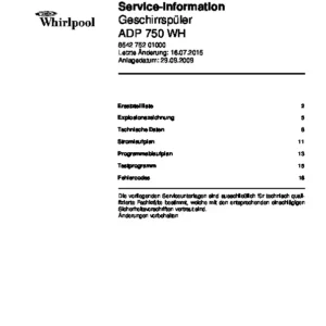 Whirlpool adp 750 wh deutsch service manual cover integrated dishwasher showing service information and table of contents with spare parts list, exploded view, circuit diagram, program chart, test program, error codes, and service bulletins.