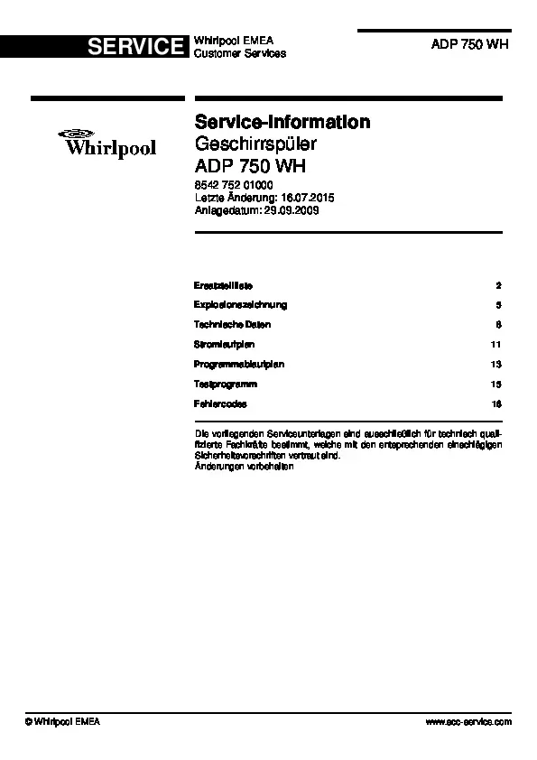 Whirlpool adp 750 wh deutsch service manual cover integrated dishwasher showing service information and table of contents with spare parts list, exploded view, circuit diagram, program chart, test program, error codes, and service bulletins.