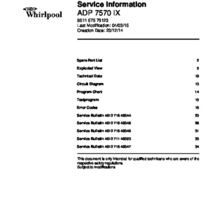 Whirlpool adp 7570 ix service manual cover integrated dishwasher showing service information and table of contents with spare parts list, exploded view, circuit diagram, program chart, test program, error codes, and service bulletins.