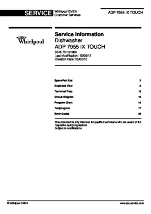 Whirlpool adp 7955 ix touch service manual cover integrated dishwasher showing service information and table of contents with spare parts list, exploded view, circuit diagram, program chart, test program, error codes, and service bulletins.