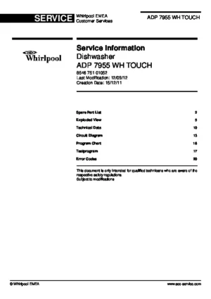 Whirlpool adp 7955 wh touch service manual cover integrated dishwasher showing service information and table of contents with spare parts list, exploded view, circuit diagram, program chart, test program, error codes, and service bulletins.