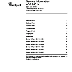 Whirlpool adp 860 ix service manual cover integrated dishwasher showing service information and table of contents with spare parts list, exploded view, circuit diagram, program chart, test program, error codes, and service bulletins.