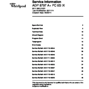 Whirlpool adp 8797 a pc 6s ix service manual cover integrated dishwasher showing service information and table of contents with spare parts list, exploded view, circuit diagram, program chart, test program, error codes, and service bulletins.