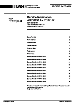Whirlpool adp 8797 a pc 6s ix service manual cover integrated dishwasher showing service information and table of contents with spare parts list, exploded view, circuit diagram, program chart, test program, error codes, and service bulletins.