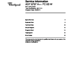 Whirlpool adp 8797 a pc 6s w service manual cover integrated dishwasher showing service information and table of contents with spare parts list, exploded view, circuit diagram, program chart, test program, error codes, and service bulletins.