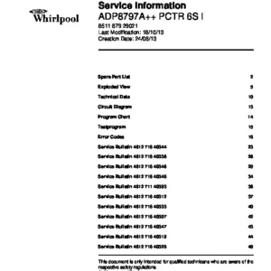 Whirlpool adp 8797 a pc tr 6s i service manual cover integrated dishwasher showing service information and table of contents with spare parts list, exploded view, circuit diagram, program chart, test program, error codes, and service bulletins.