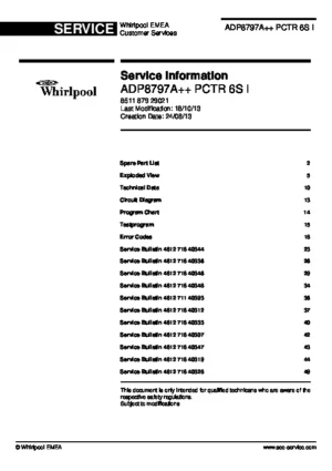 Whirlpool adp 8797 a pc tr 6s i service manual cover integrated dishwasher showing service information and table of contents with spare parts list, exploded view, circuit diagram, program chart, test program, error codes, and service bulletins.