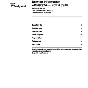 Whirlpool adp 8797 a pc tr 6s w service manual cover integrated dishwasher showing service information and table of contents with spare parts list, exploded view, circuit diagram, program chart, test program, error codes, and service bulletins.