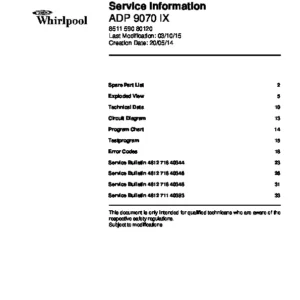 Whirlpool adp 9070 ix service manual cover integrated dishwasher showing service information and table of contents with spare parts list, exploded view, circuit diagram, program chart, test program, error codes, and service bulletins.