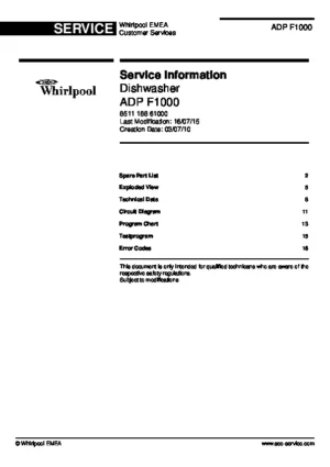 Whirlpool adp f1000 service manual cover integrated dishwasher showing service information and table of contents with spare parts list, exploded view, circuit diagram, program chart, test program, error codes, and service bulletins.