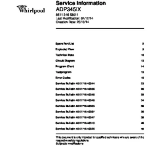 Whirlpool adp345ix service manual cover integrated dishwasher showing service information and table of contents with spare parts list, exploded view, circuit diagram, program chart, test program, error codes, and service bulletins.