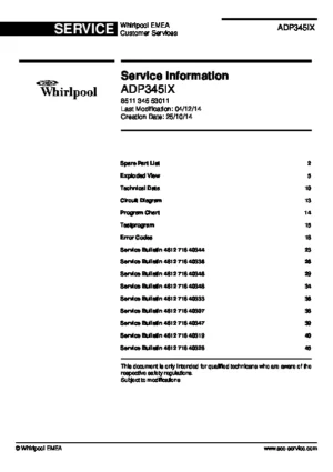 Whirlpool adp345ix service manual cover integrated dishwasher showing service information and table of contents with spare parts list, exploded view, circuit diagram, program chart, test program, error codes, and service bulletins.