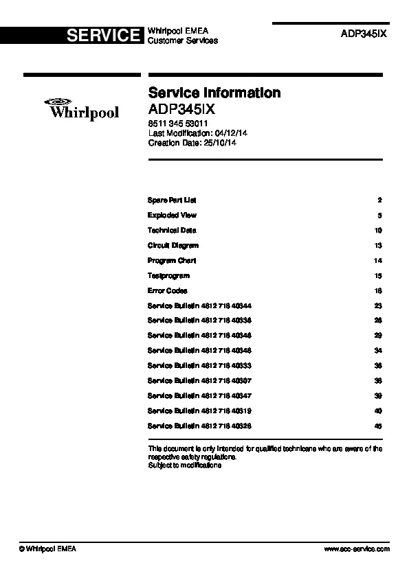 Whirlpool adp345ix service manual cover integrated dishwasher showing service information and table of contents with spare parts list, exploded view, circuit diagram, program chart, test program, error codes, and service bulletins.