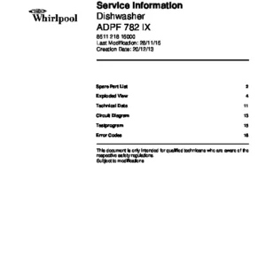 Whirlpool adpf 782 ix service manual cover integrated dishwasher showing service information and table of contents with spare parts list, exploded view, circuit diagram, program chart, test program, error codes, and service bulletins.