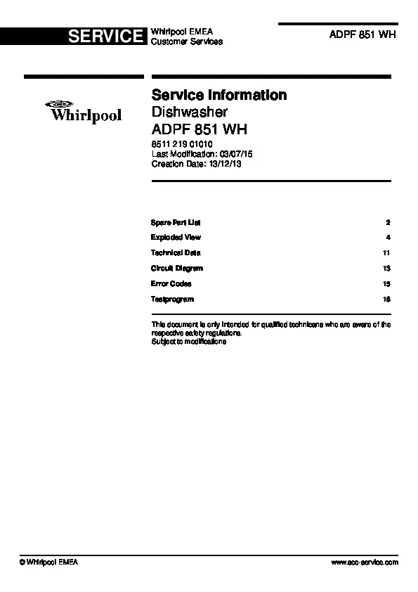Whirlpool adpf 851 wh service manual cover integrated dishwasher showing service information and table of contents with spare parts list, exploded view, circuit diagram, program chart, test program, error codes, and service bulletins.