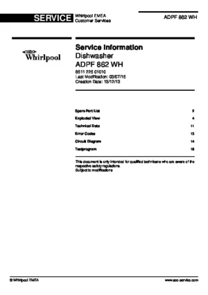 Whirlpool adpf 862 wh service manual cover integrated dishwasher showing service information and table of contents with spare parts list, exploded view, circuit diagram, program chart, test program, error codes, and service bulletins.