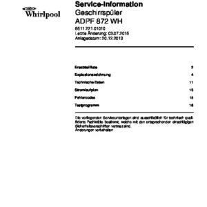 Whirlpool adpf 872 wh deutsch service manual cover integrated dishwasher showing service information and table of contents with spare parts list, exploded view, circuit diagram, program chart, test program, error codes, and service bulletins.