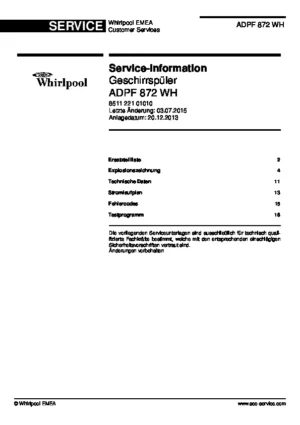 Whirlpool adpf 872 wh deutsch service manual cover integrated dishwasher showing service information and table of contents with spare parts list, exploded view, circuit diagram, program chart, test program, error codes, and service bulletins.