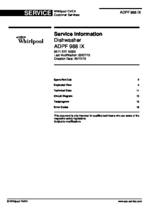 Whirlpool adpf 988 ix service manual cover integrated dishwasher showing service information and table of contents with spare parts list, exploded view, circuit diagram, program chart, test program, error codes, and service bulletins.
