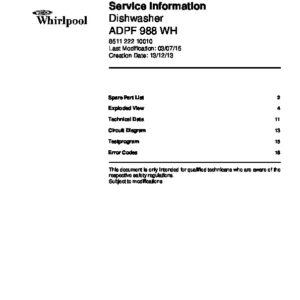 Whirlpool adpf 988 wh service manual cover integrated dishwasher showing service information and table of contents with spare parts list, exploded view, circuit diagram, program chart, test program, error codes, and service bulletins.