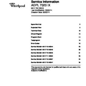 Whirlpool adpl 7020 ix service manual cover integrated dishwasher showing service information and table of contents with spare parts list, exploded view, circuit diagram, program chart, test program, error codes, and service bulletins.