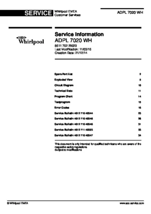 Whirlpool adpl 7020 wh service manual cover integrated dishwasher showing service information and table of contents with spare parts list, exploded view, circuit diagram, program chart, test program, error codes, and service bulletins.
