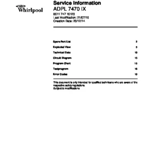 Whirlpool adpl 7470 ix service manual cover integrated dishwasher showing service information and table of contents with spare parts list, exploded view, circuit diagram, program chart, test program, error codes, and service bulletins.