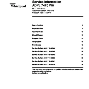 Whirlpool adpl 7470 wh service manual cover integrated dishwasher showing service information and table of contents with spare parts list, exploded view, circuit diagram, program chart, test program, error codes, and service bulletins.