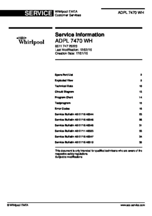 Whirlpool adpl 7470 wh service manual cover integrated dishwasher showing service information and table of contents with spare parts list, exploded view, circuit diagram, program chart, test program, error codes, and service bulletins.
