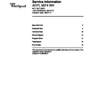 Whirlpool adpl 9874 wh service manual cover integrated dishwasher showing service information and table of contents with spare parts list, exploded view, circuit diagram, program chart, test program, error codes, and service bulletins.