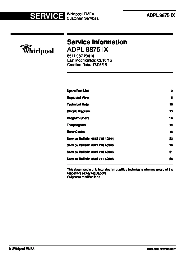 Whirlpool adpl 9875 ix service manual cover integrated dishwasher showing service information and table of contents with spare parts list, exploded view, circuit diagram, program chart, test program, error codes, and service bulletins.