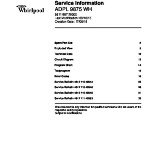 Whirlpool adpl 9875 wh service manual cover integrated dishwasher showing service information and table of contents with spare parts list, exploded view, circuit diagram, program chart, test program, error codes, and service bulletins.