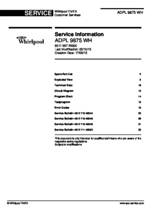 Whirlpool adpl 9875 wh service manual cover integrated dishwasher showing service information and table of contents with spare parts list, exploded view, circuit diagram, program chart, test program, error codes, and service bulletins.