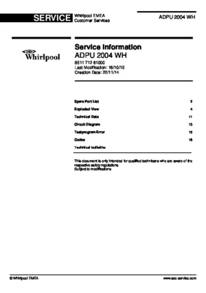 Whirlpool adpu 2004 wh service manual cover integrated dishwasher showing service information and table of contents with spare parts list, exploded view, circuit diagram, program chart, test program, error codes, and service bulletins.