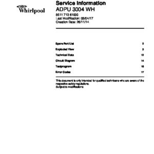 Whirlpool adpu 3004 wh service manual cover integrated dishwasher showing service information and table of contents with spare parts list, exploded view, circuit diagram, program chart, test program, error codes, and service bulletins.