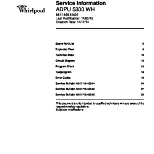 Whirlpool adpu 5300 wh service manual cover integrated dishwasher showing service information and table of contents with spare parts list, exploded view, circuit diagram, program chart, test program, error codes, and service bulletins.