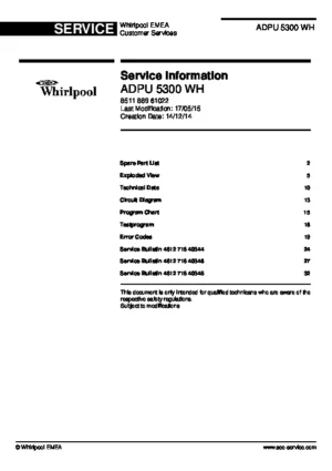 Whirlpool adpu 5300 wh service manual cover integrated dishwasher showing service information and table of contents with spare parts list, exploded view, circuit diagram, program chart, test program, error codes, and service bulletins.