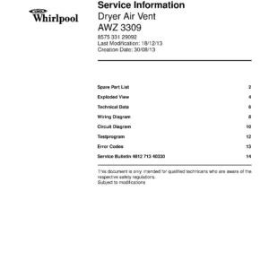 Whirlpool awz 3309 service manual cover dryer type and model code, publication date and manual contents