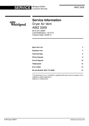 Whirlpool awz 3309 service manual cover with photo of the refrigerator, model type and code and manual contents