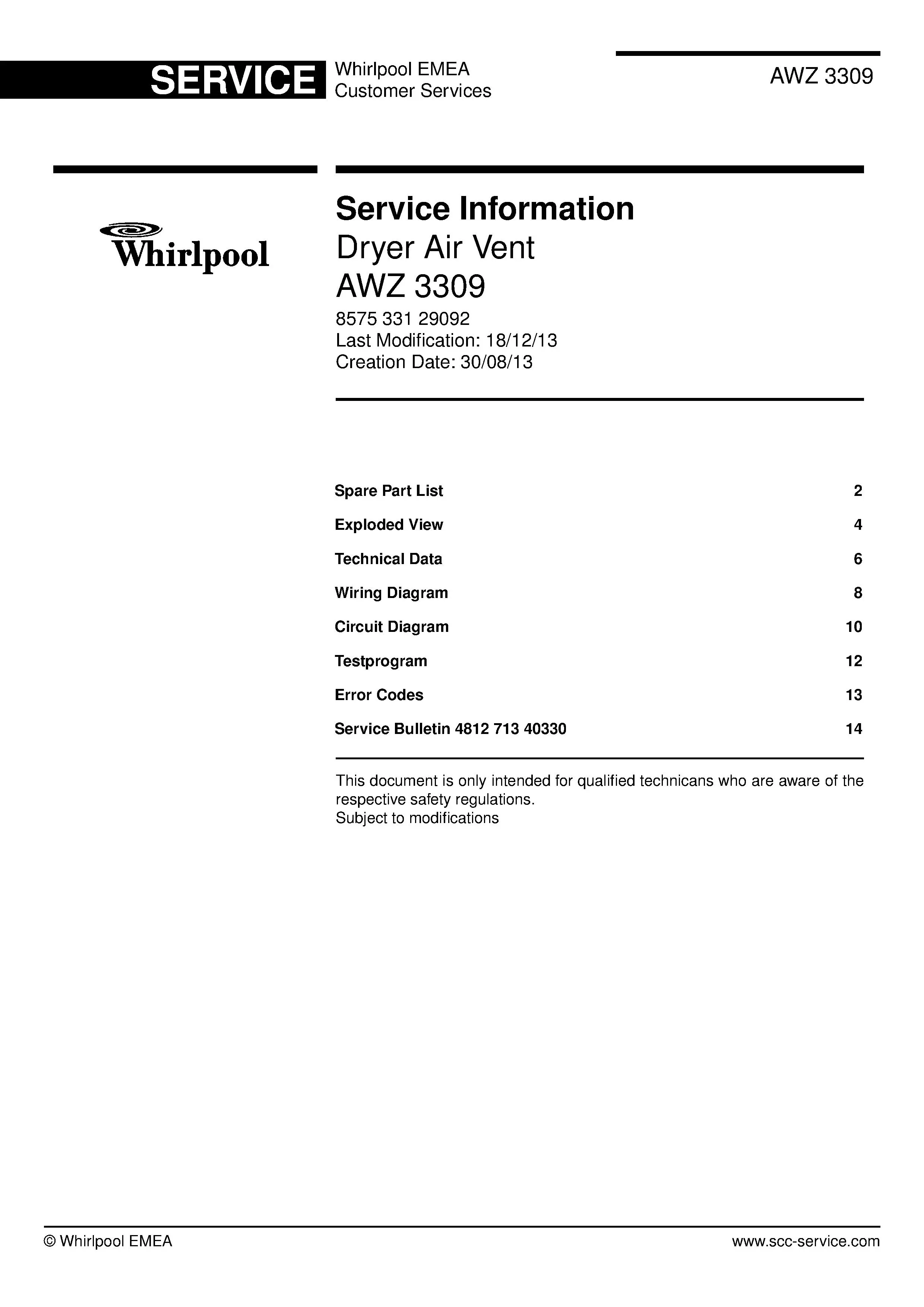 Whirlpool awz 3309 service manual cover dryer type and model code, publication date and manual contents