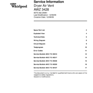 Whirlpool awz 3428 service manual cover dryer type and model code, publication date and manual contents