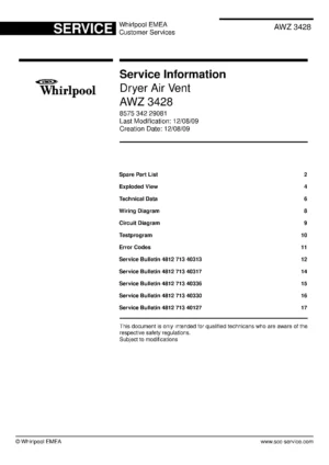 Whirlpool awz 3428 service manual cover with photo of the refrigerator, model type and code and manual contents