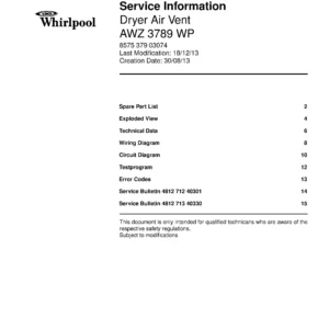 Whirlpool awz 3789 wp service manual cover dryer type and model code, publication date and manual contents