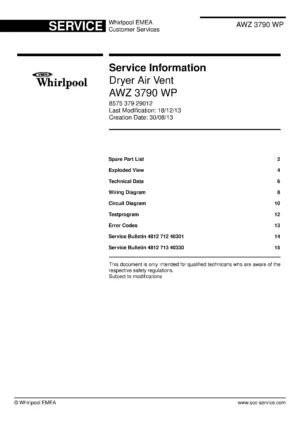 Whirlpool awz 3790 wp service manual cover with photo of the refrigerator, model type and code and manual contents