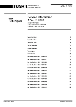Whirlpool aza hp 7670 service manual cover with photo of the refrigerator, model type and code and manual contents