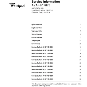Whirlpool aza hp 7673 service manual cover dryer type and model code, publication date and manual contents